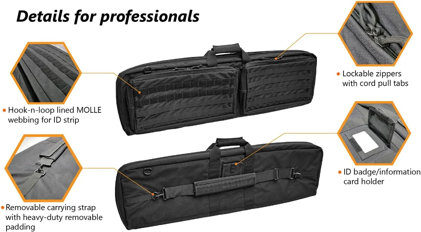 10-32 Double Rifle Case, Black - 1000D Nylon - High Density Foam Padding - Non-Slip Removable Padded Strap - Lockable Zippers - Hook N Loop Lined Exterior Compartment