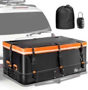 100% Waterproof Hitch Mount Cargo Carrier Bag with 8 Heavy Duty Buckle Straps & Safety Reflective Stripe for Truck Pickup All Vehicle with Steel Cargo Basket, 20 Cubic Feet (59" 24" 24")