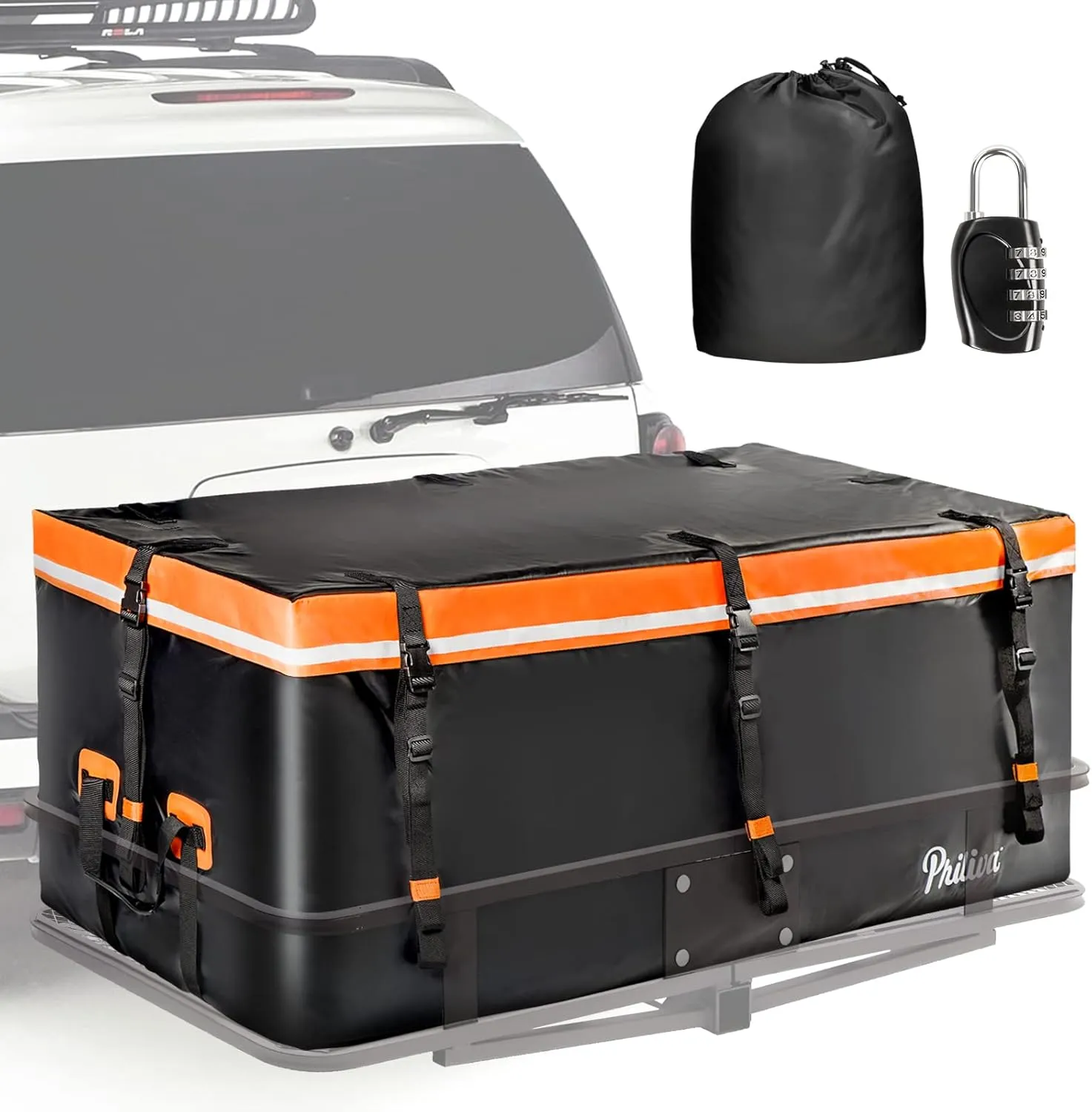 100% Waterproof Hitch Mount Cargo Carrier Bag with 8 Heavy Duty Buckle Straps & Safety Reflective Stripe for Truck Pickup All Vehicle with Steel Cargo Basket, 20 Cubic Feet (59" 24" 24")