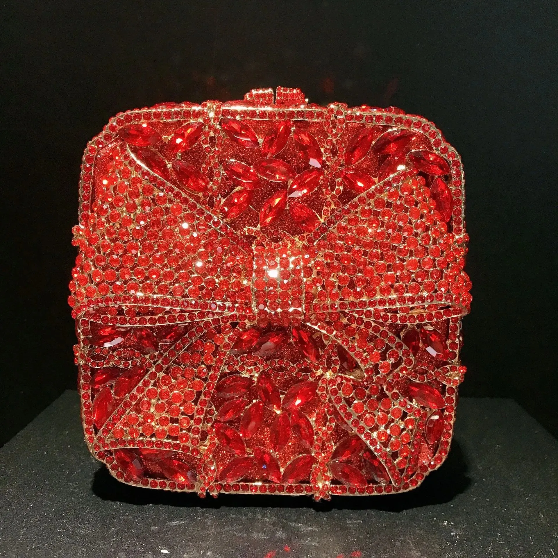 11 Colors New Gold Bow Crystal Clutches Square Rhinestone Evening Bag Party Prom Handbags Luxury Women Wedding Bridal Purses