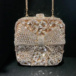11 Colors New Gold Bow Crystal Clutches Square Rhinestone Evening Bag Party Prom Handbags Luxury Women Wedding Bridal Purses