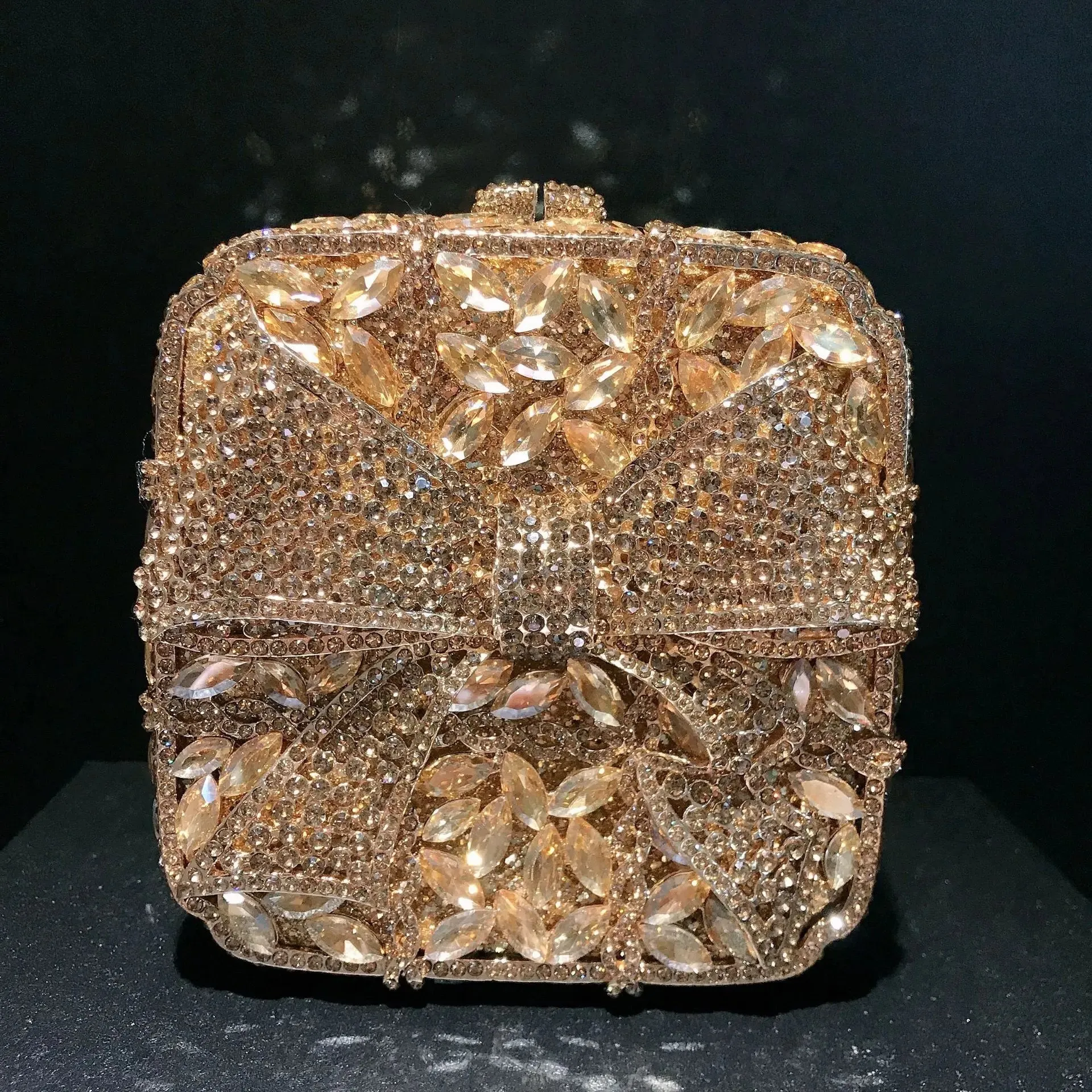 11 Colors New Gold Bow Crystal Clutches Square Rhinestone Evening Bag Party Prom Handbags Luxury Women Wedding Bridal Purses