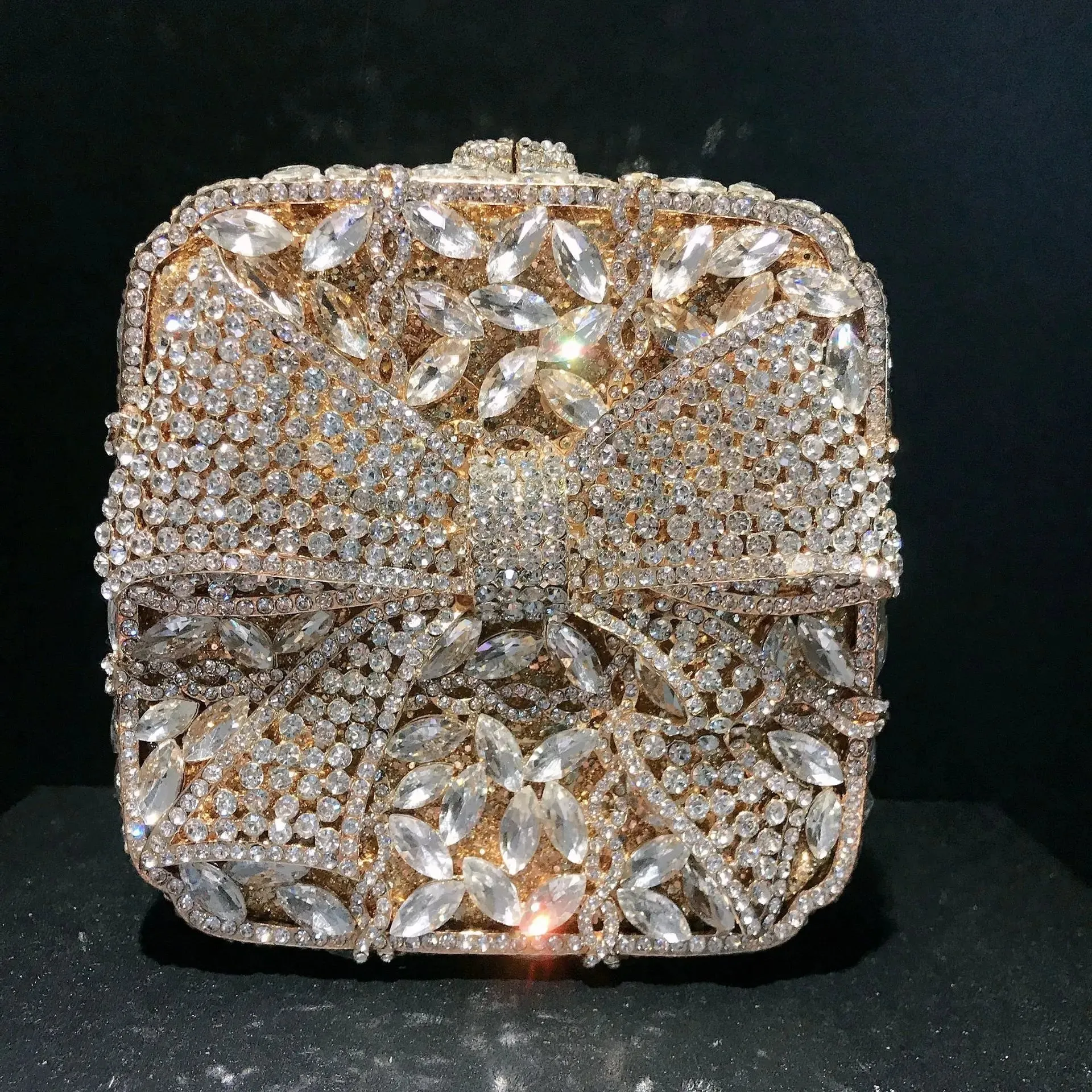 11 Colors New Gold Bow Crystal Clutches Square Rhinestone Evening Bag Party Prom Handbags Luxury Women Wedding Bridal Purses