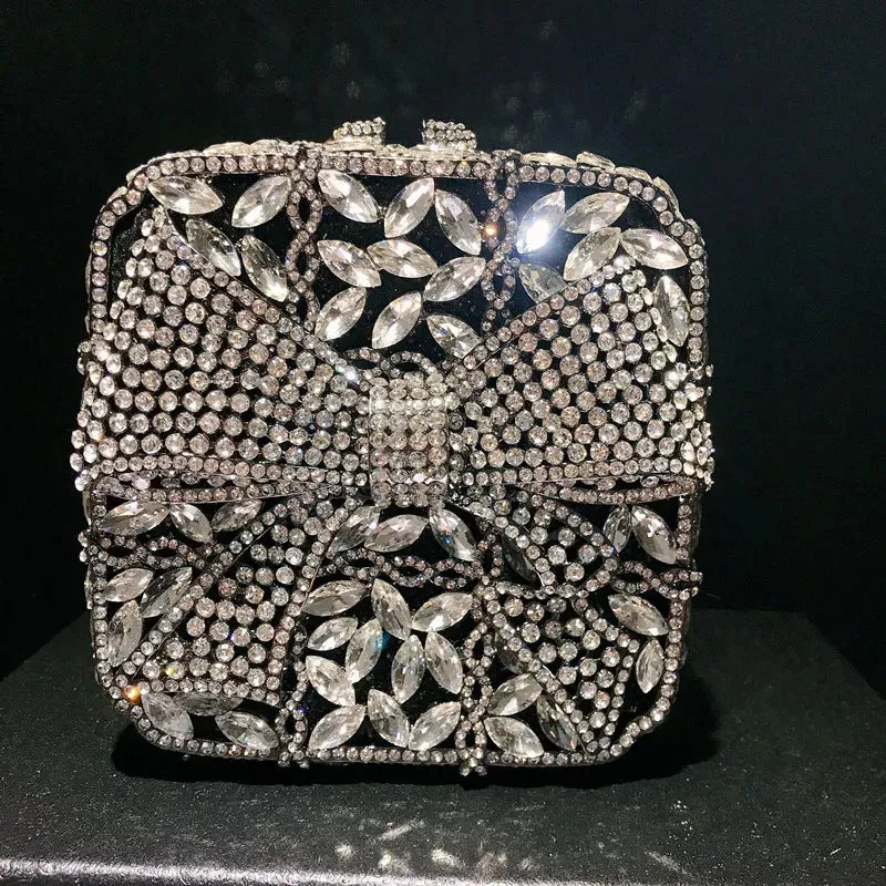11 Colors New Gold Bow Crystal Clutches Square Rhinestone Evening Bag Party Prom Handbags Luxury Women Wedding Bridal Purses