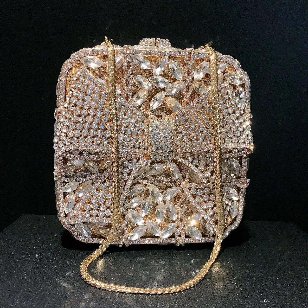 11 Colors New Gold Bow Crystal Clutches Square Rhinestone Evening Bag Party Prom Handbags Luxury Women Wedding Bridal Purses