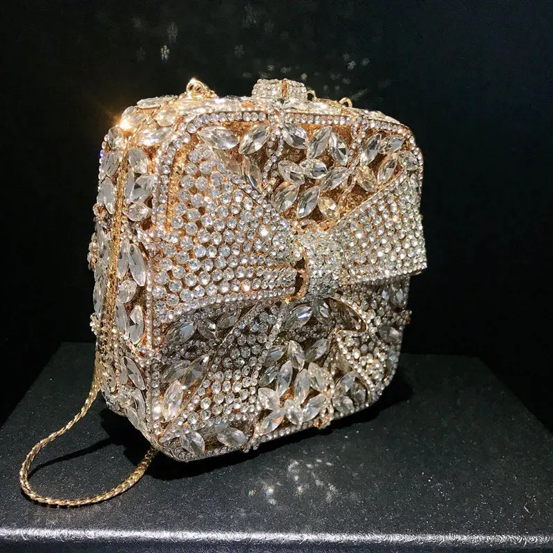 11 Colors New Gold Bow Crystal Clutches Square Rhinestone Evening Bag Party Prom Handbags Luxury Women Wedding Bridal Purses
