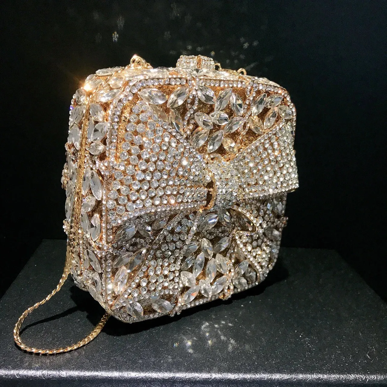 11 Colors New Gold Bow Crystal Clutches Square Rhinestone Evening Bag Party Prom Handbags Luxury Women Wedding Bridal Purses