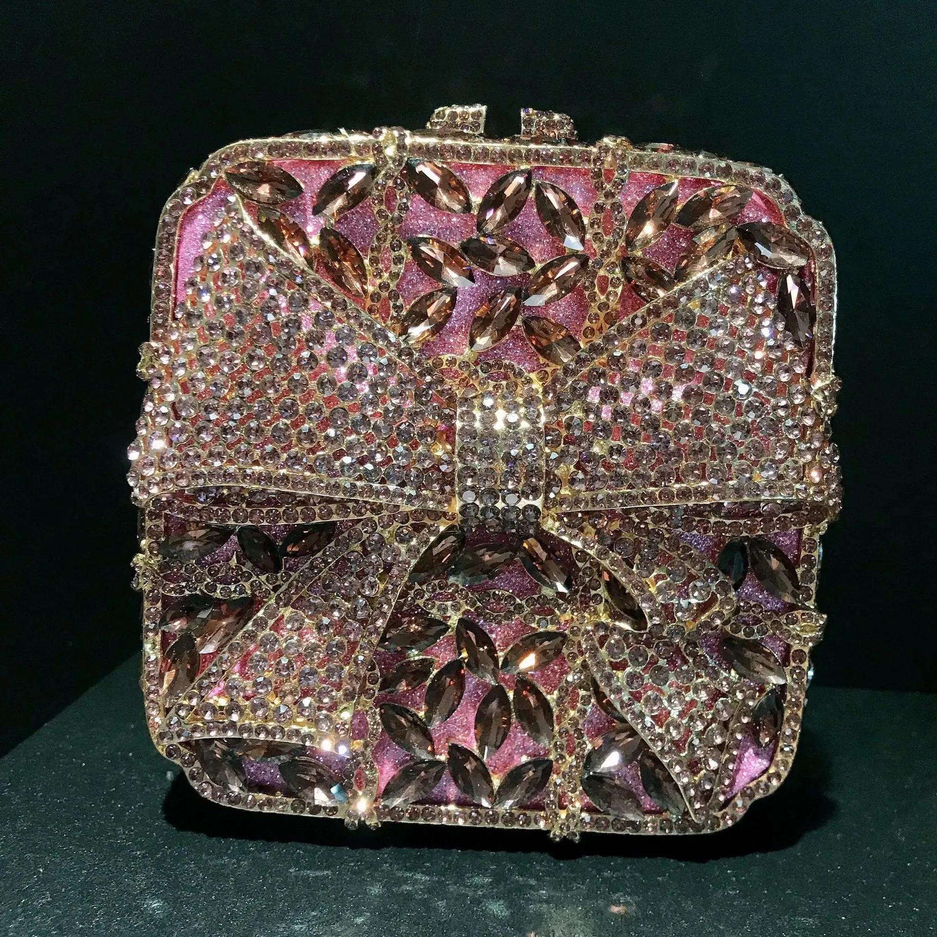 11 Colors New Gold Bow Crystal Clutches Square Rhinestone Evening Bag Party Prom Handbags Luxury Women Wedding Bridal Purses