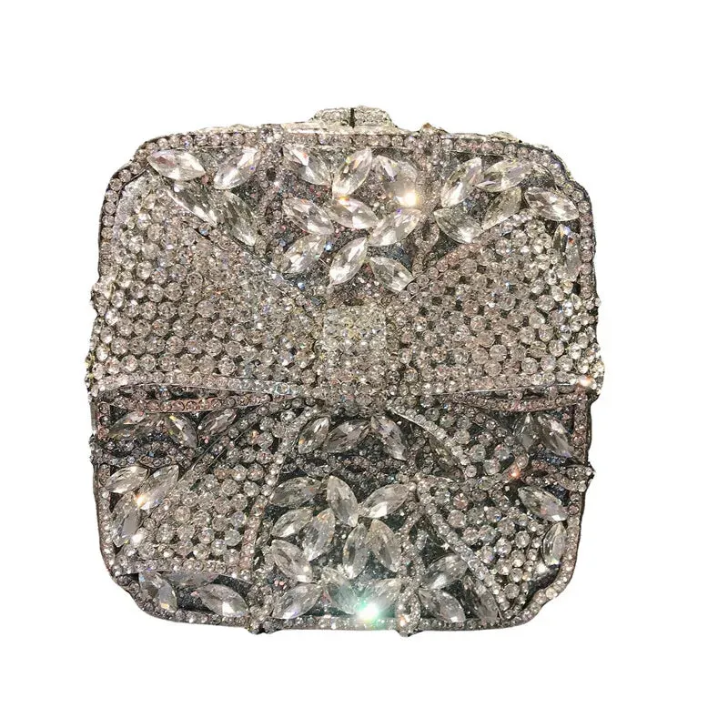 11 Colors New Gold Bow Crystal Clutches Square Rhinestone Evening Bag Party Prom Handbags Luxury Women Wedding Bridal Purses