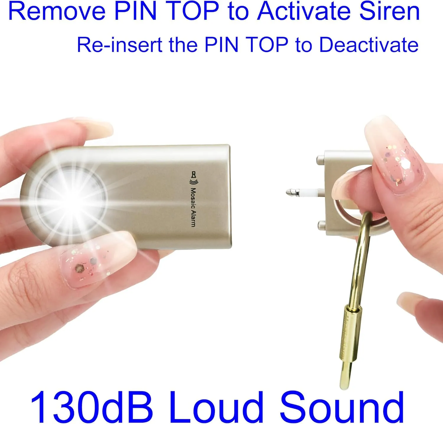 130dB Personal Safety Alarm Strobe Light. Loud Sound Keychain Siren with Carabiner for Women, School Children, Night Runners, Hiking. Bear Alarm Deterrent. SOS Emergency Self Defense Alerts. Gold