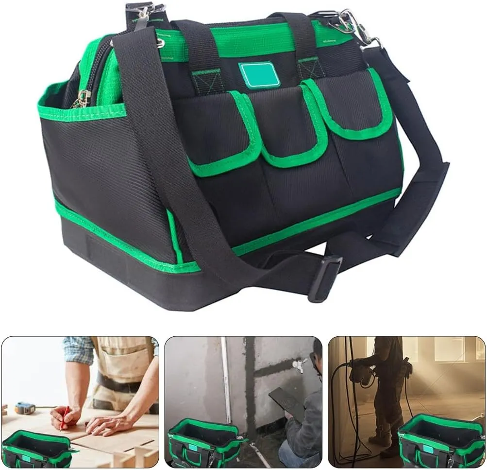 16in/18in/20in Tool Bag Adjustable Shoulder Strap Waterproof Wide Mouth Tool Bag with 8 Exterior Pockets Rubber Handle