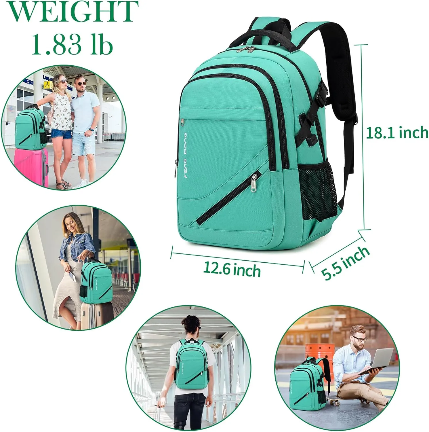 17.3 inch Large Laptop Backpack Durable Waterproof Travel College Backpack Bookbag for Men & Women Business Backpack with USB Charging Port,Headset Port Light Green