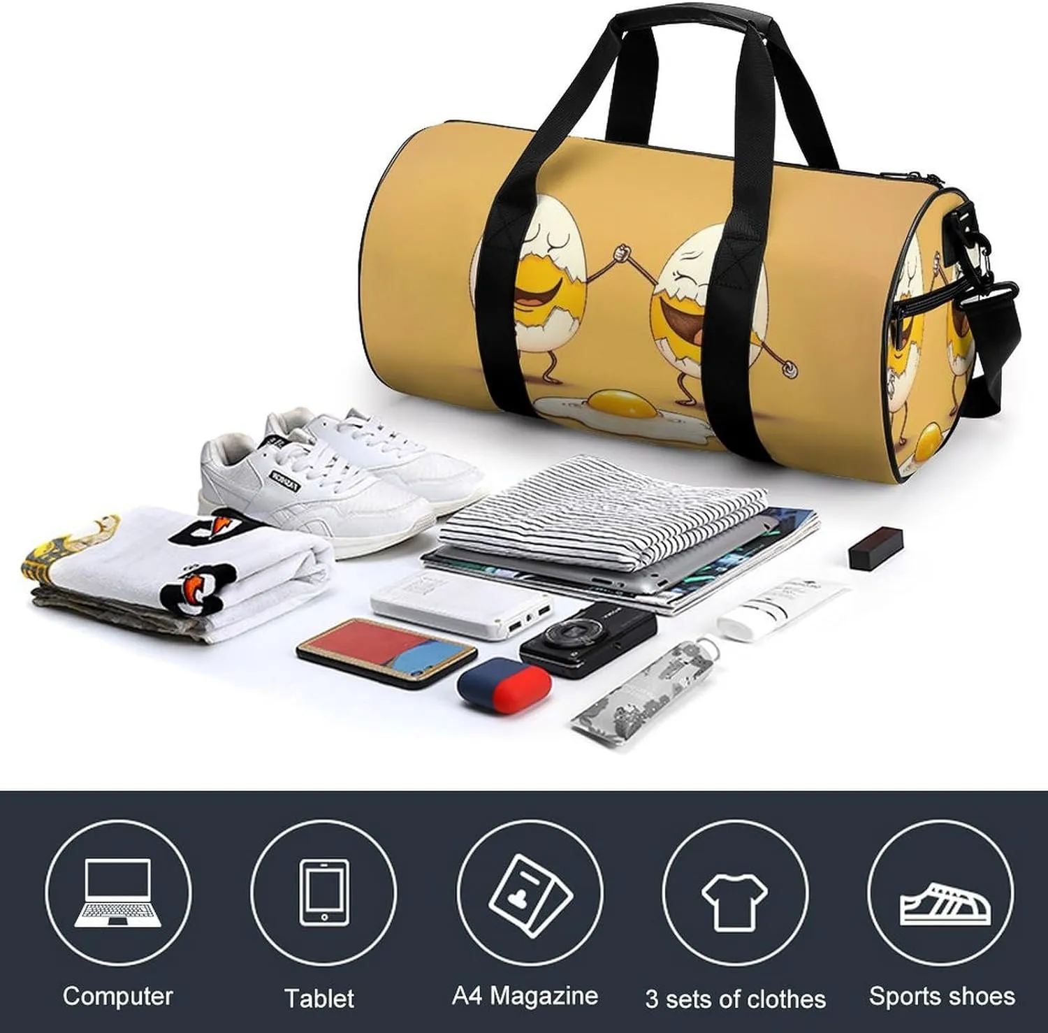 2 Eggs with Cracks Travel Gym Bag for Women Men Cartoon Cylindrical Duffle Bag Sport Workout Bag with Shoulder Strap