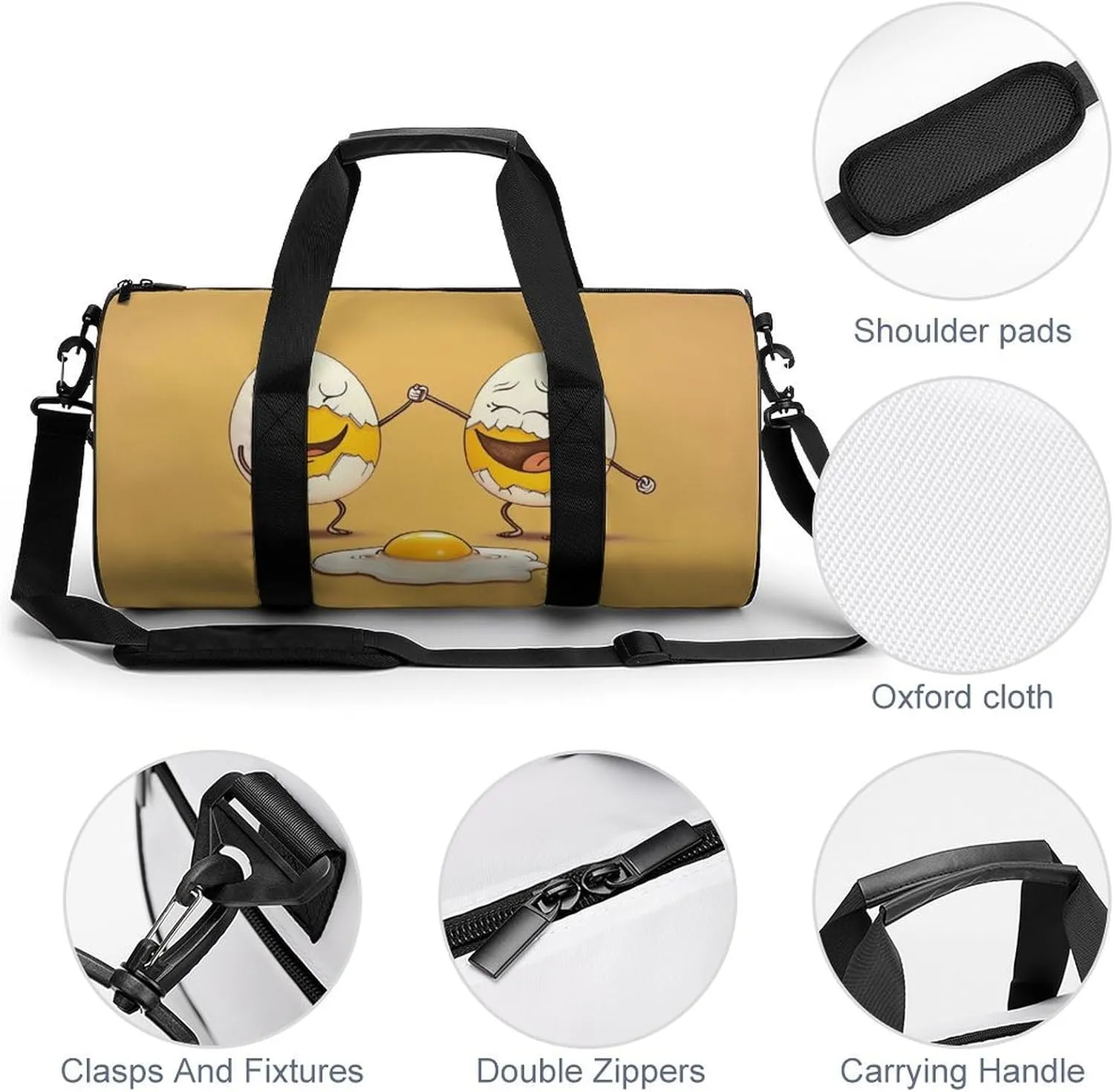 2 Eggs with Cracks Travel Gym Bag for Women Men Cartoon Cylindrical Duffle Bag Sport Workout Bag with Shoulder Strap