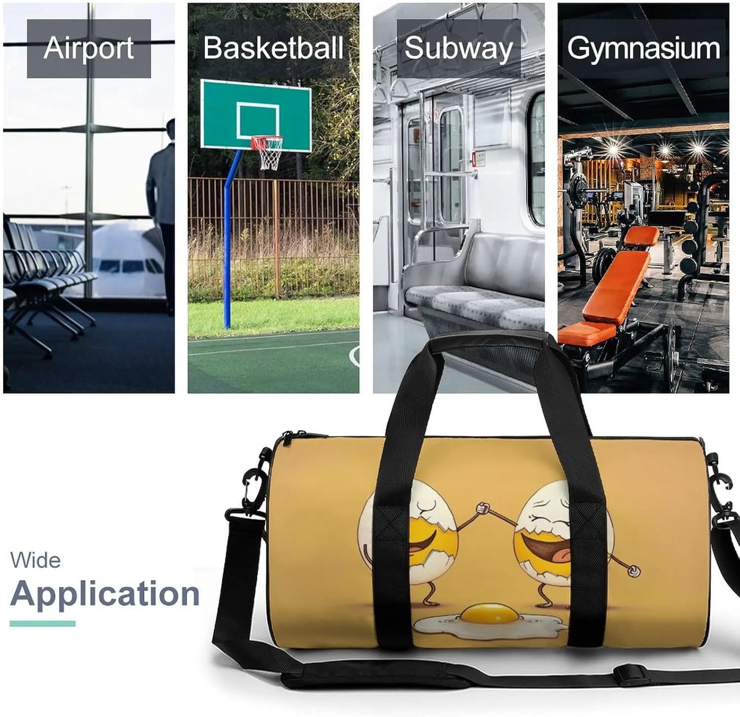 2 Eggs with Cracks Travel Gym Bag for Women Men Cartoon Cylindrical Duffle Bag Sport Workout Bag with Shoulder Strap