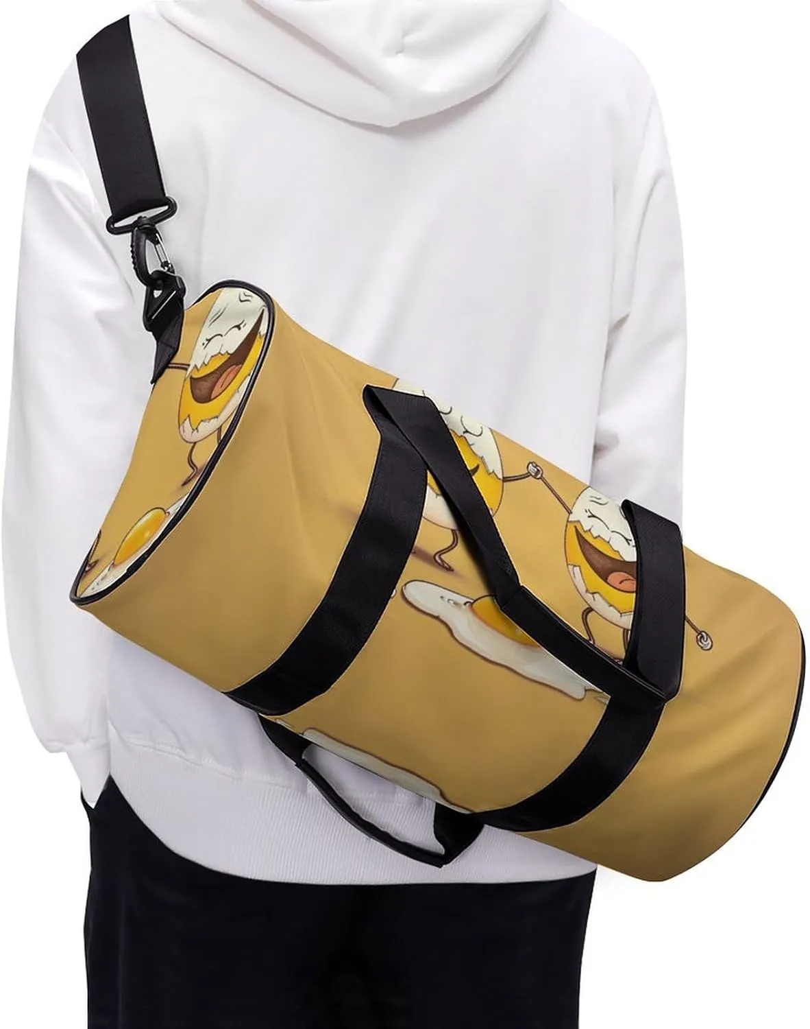 2 Eggs with Cracks Travel Gym Bag for Women Men Cartoon Cylindrical Duffle Bag Sport Workout Bag with Shoulder Strap