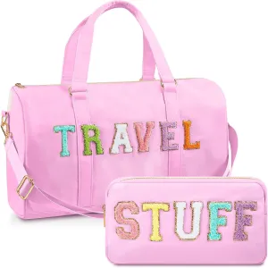2 Pcs Preppy Chenille Letter Duffle Bag and Makeup Pouch, Travel Tote Bag Cosmetic Zipper Patch Makeup Bag (Pink)