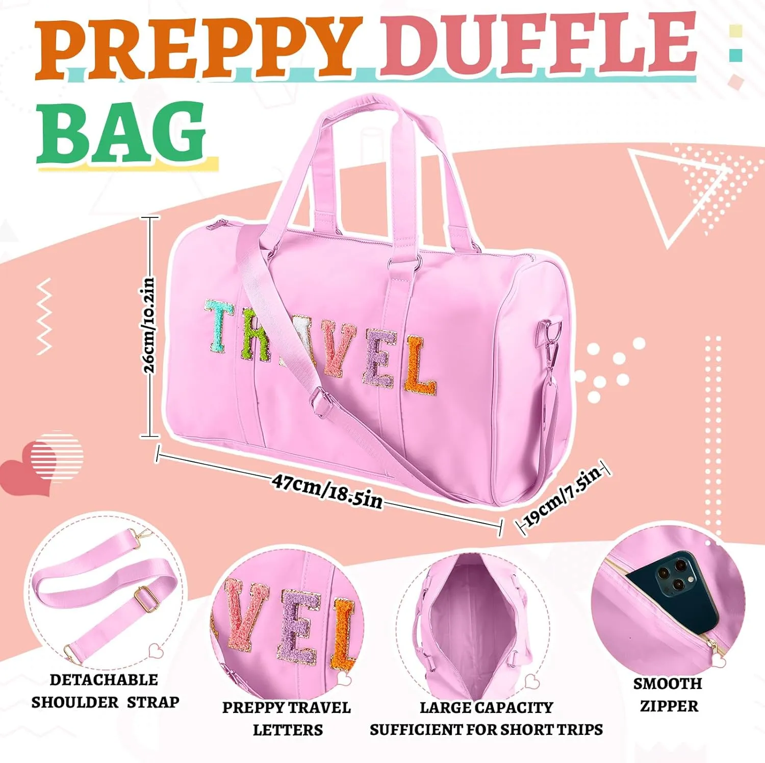 2 Pcs Preppy Chenille Letter Duffle Bag and Makeup Pouch, Travel Tote Bag Cosmetic Zipper Patch Makeup Bag (Pink)
