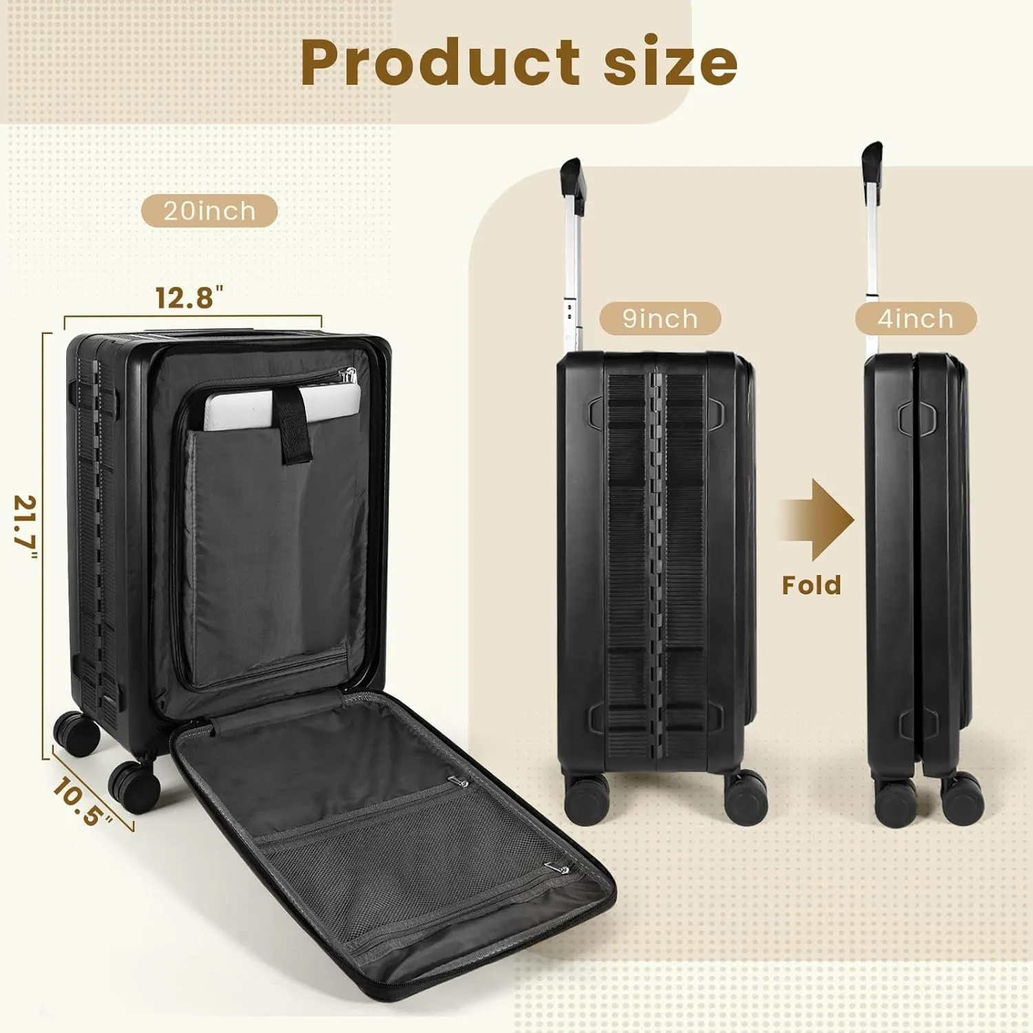 20-Inch Lightweight Collapsible Expandable Carry-On Suitcase – Water and Impact Resistant, Silent Double Spinner Wheels, Airline Approved (Black)