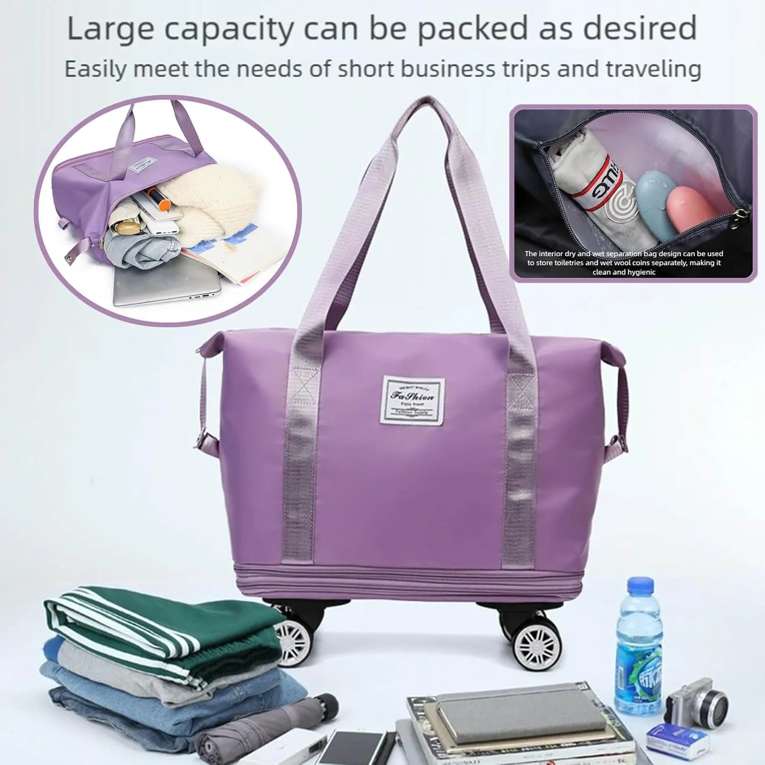 2025 New Pepepo Travel Bag with Wheels,Pepepo Large Capacity Travel Bag,Expandable Foldable Duffle Bag,Dry and Wet Separation Large Expandable Capacity (Light Purple)
