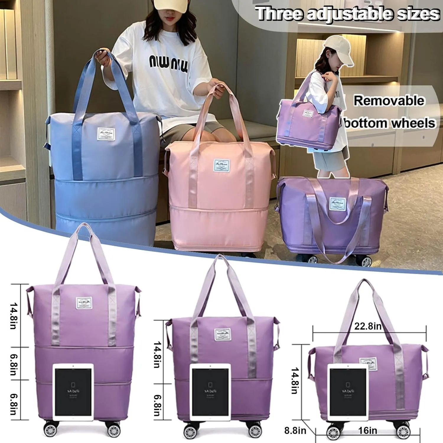 2025 New Pepepo Travel Bag with Wheels,Pepepo Large Capacity Travel Bag,Expandable Foldable Duffle Bag,Dry and Wet Separation Large Expandable Capacity (Light Purple)