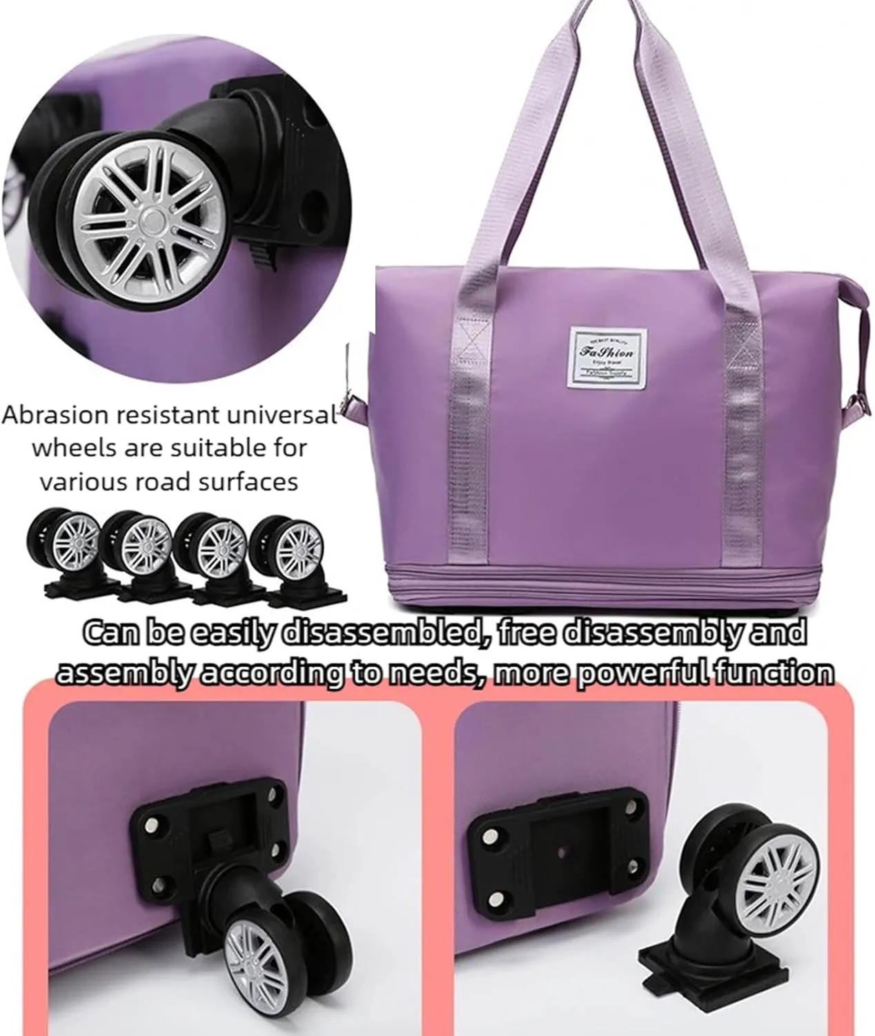 2025 New Pepepo Travel Bag with Wheels,Pepepo Large Capacity Travel Bag,Expandable Foldable Duffle Bag,Dry and Wet Separation Large Expandable Capacity (Light Purple)
