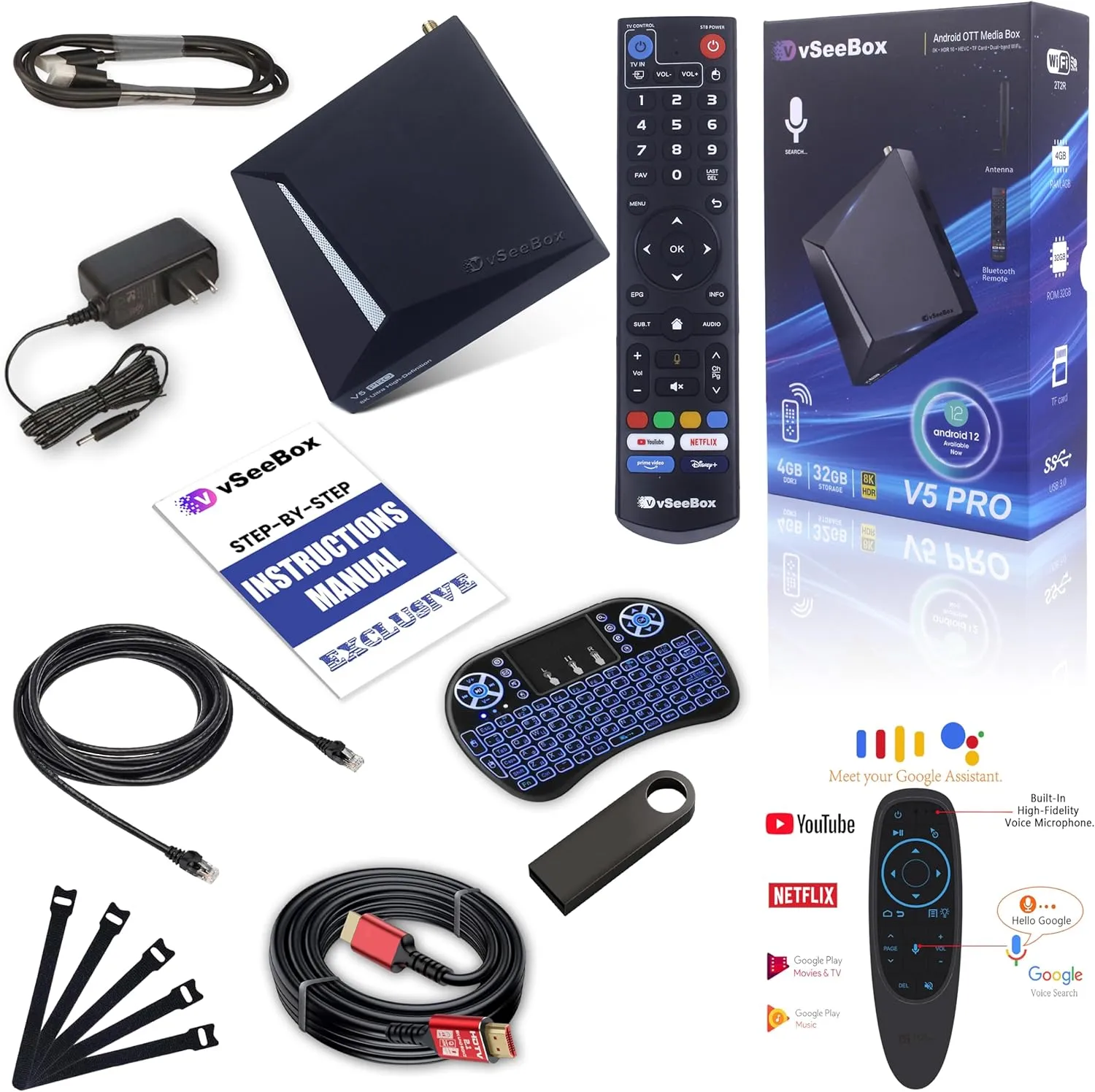 2025 v See V5 Pro USB Data Hub - 64GB USB Storage, Multi-Accessory Bundle with 8K-Compatible Cable, Backlit Keyboard, Ethernet Adapter, Wireless Input, Cable Organizers (Easy Setup)