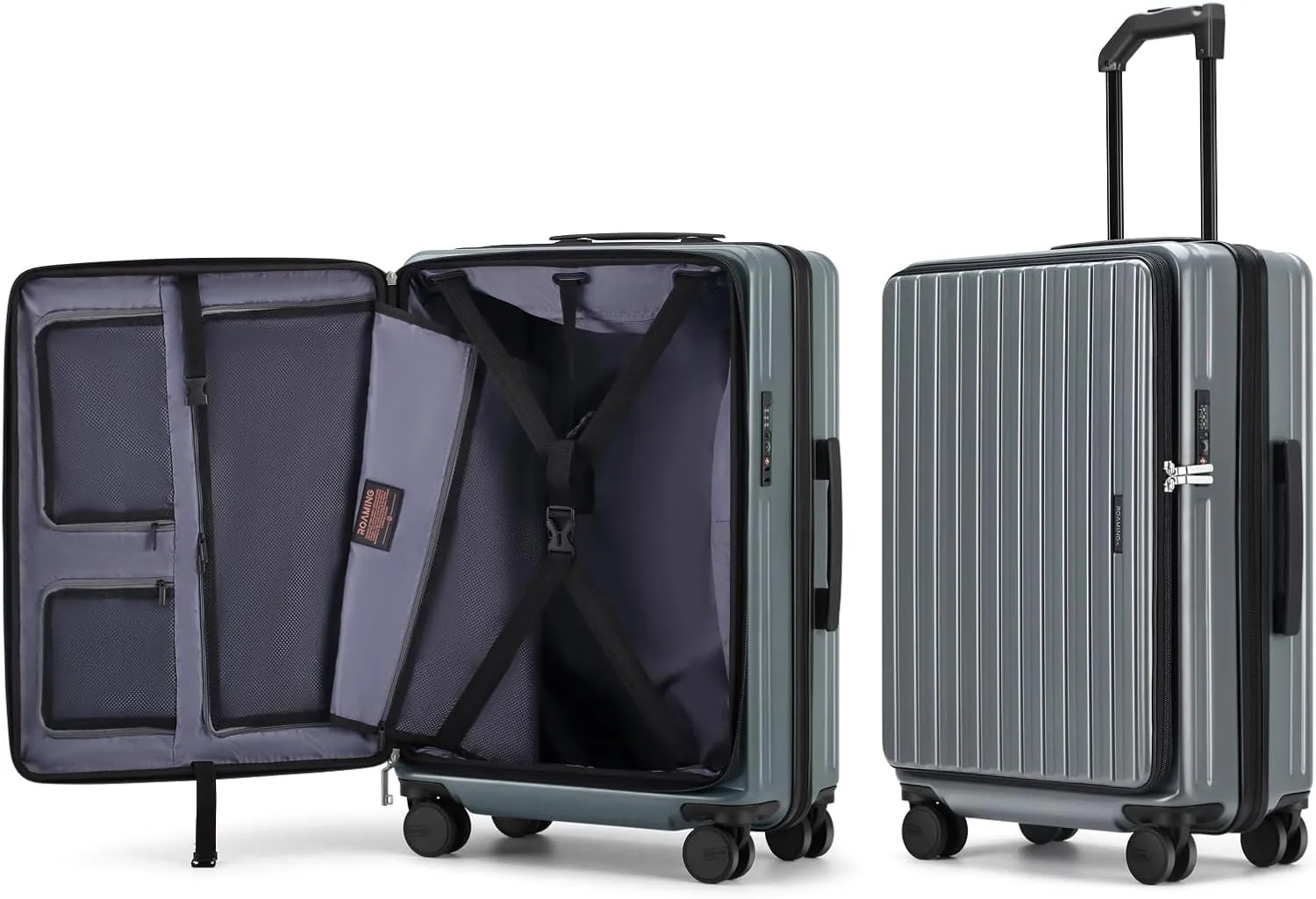 24 Inch Checked Large Luggage with Spinner Wheels Front Opening Rolling Suitcase for 5-7 Days Travel, Scratch Resistant PC Hardshell TSA Lock Cup Holder Specially Designed Ergonomic Pull Rod Handle