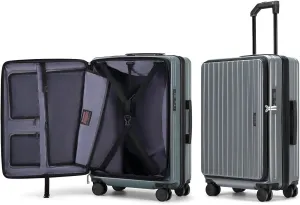 24 Inch Checked Large Luggage with Spinner Wheels Front Opening Rolling Suitcase for 5-7 Days Travel, Scratch Resistant PC Hardshell TSA Lock Cup Holder Specially Designed Ergonomic Pull Rod Handle