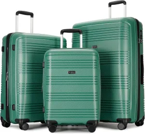 3 Piece Hard Shell Luggage Sets Large Hardside Suitcase Set with Spinner Wheels TSA Lock, 20in/25in/29in,Green
