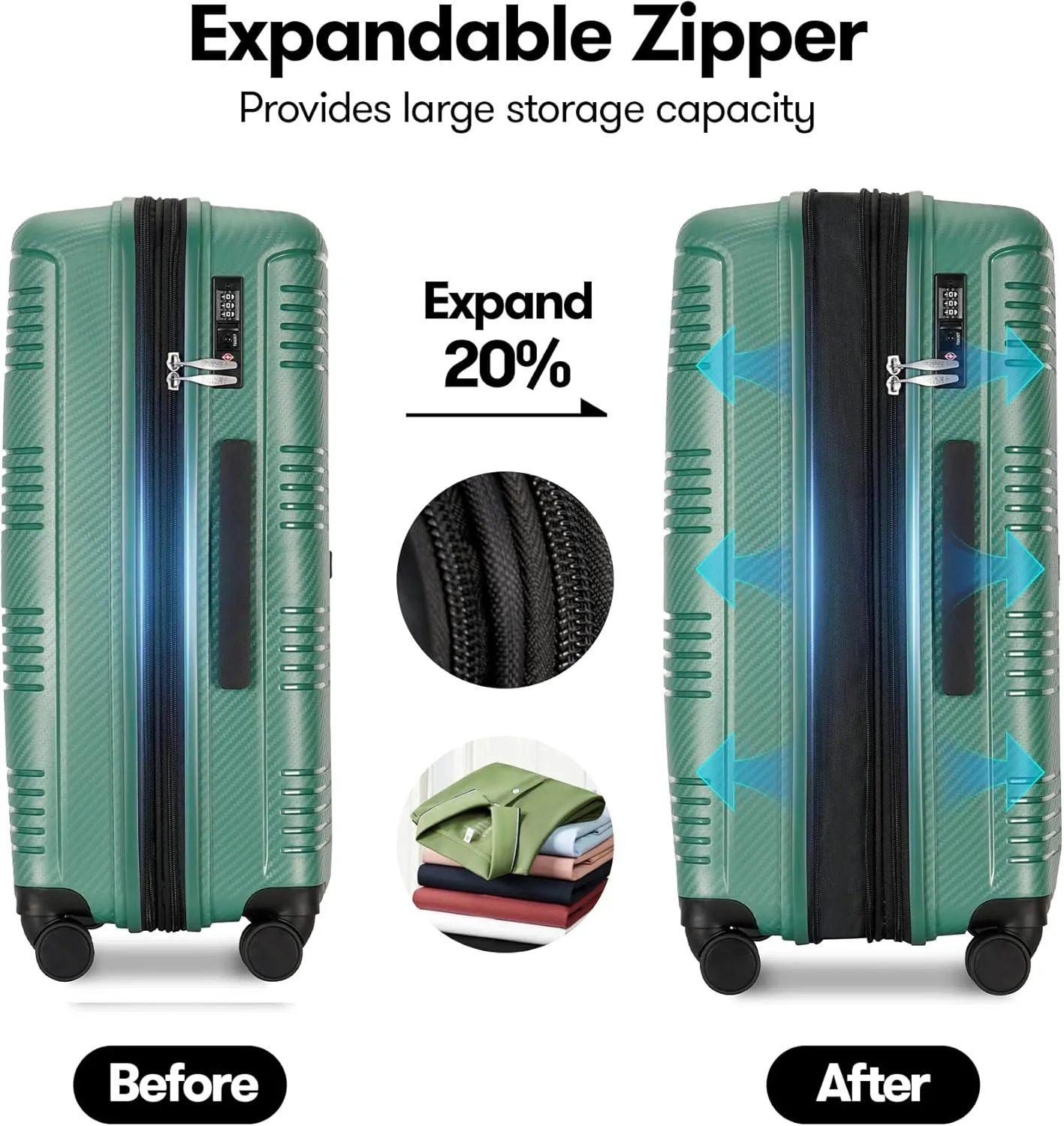 3 Piece Hard Shell Luggage Sets Large Hardside Suitcase Set with Spinner Wheels TSA Lock, 20in/25in/29in,Green
