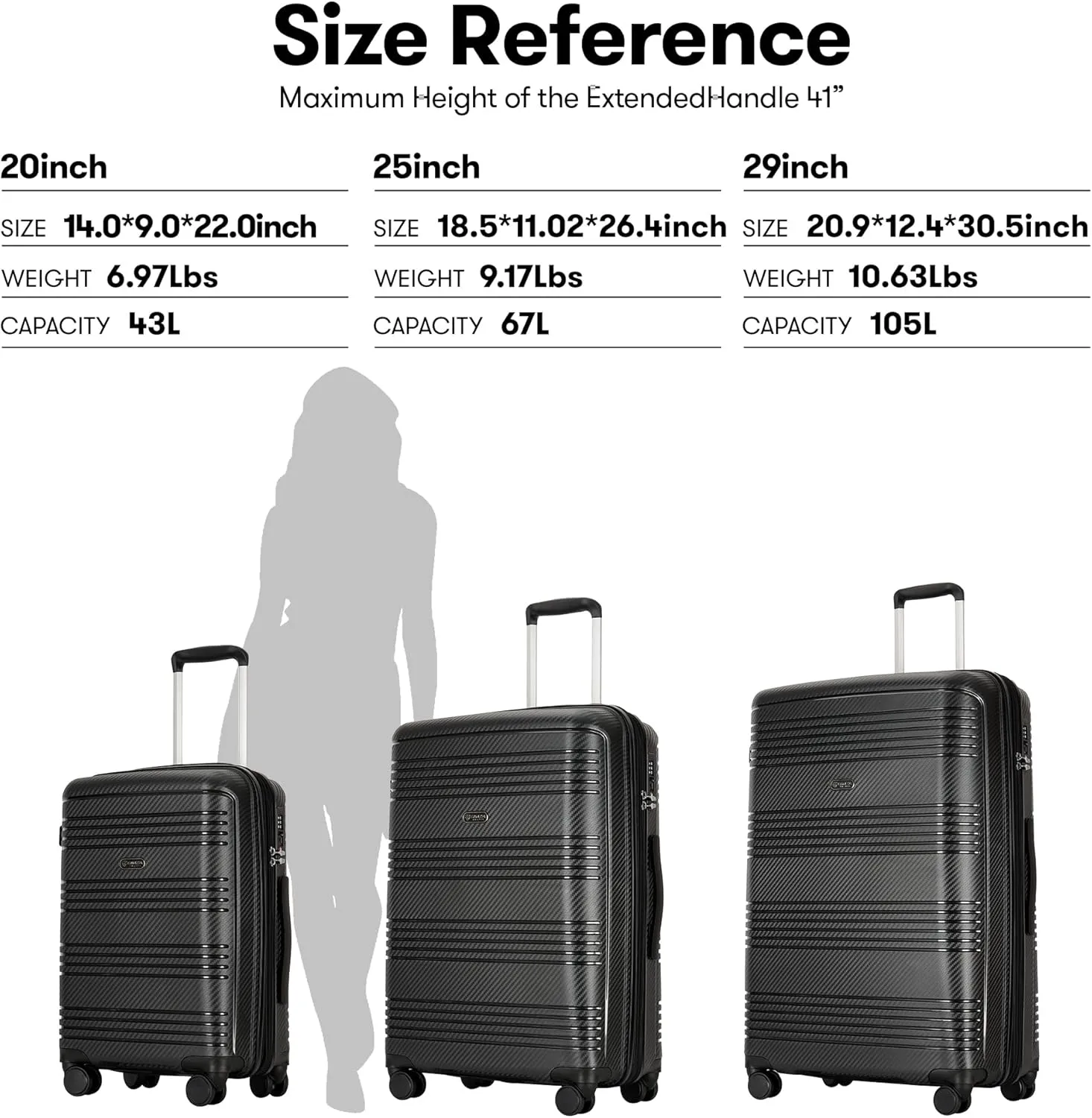 3 Piece Hard Shell Travel Luggage Sets Large Suitcase Sets with Wheels Tsa Lock, 20inch 25inch 29inch, Black