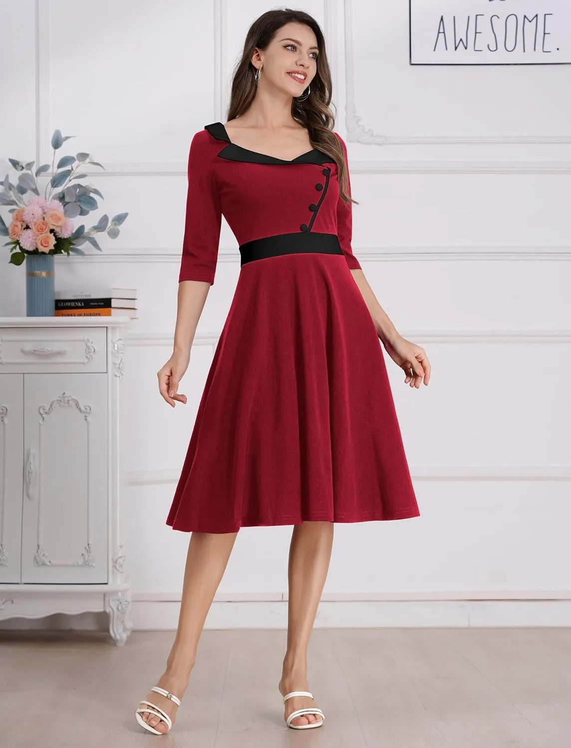 3/4 Sleeve 40s 50s Dresses for Women Vintage 1950s Cocktail Dress Square Neck Retro Rockabilly Swing 50's Style Dress