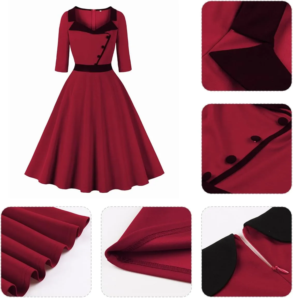 3/4 Sleeve 40s 50s Dresses for Women Vintage 1950s Cocktail Dress Square Neck Retro Rockabilly Swing 50's Style Dress