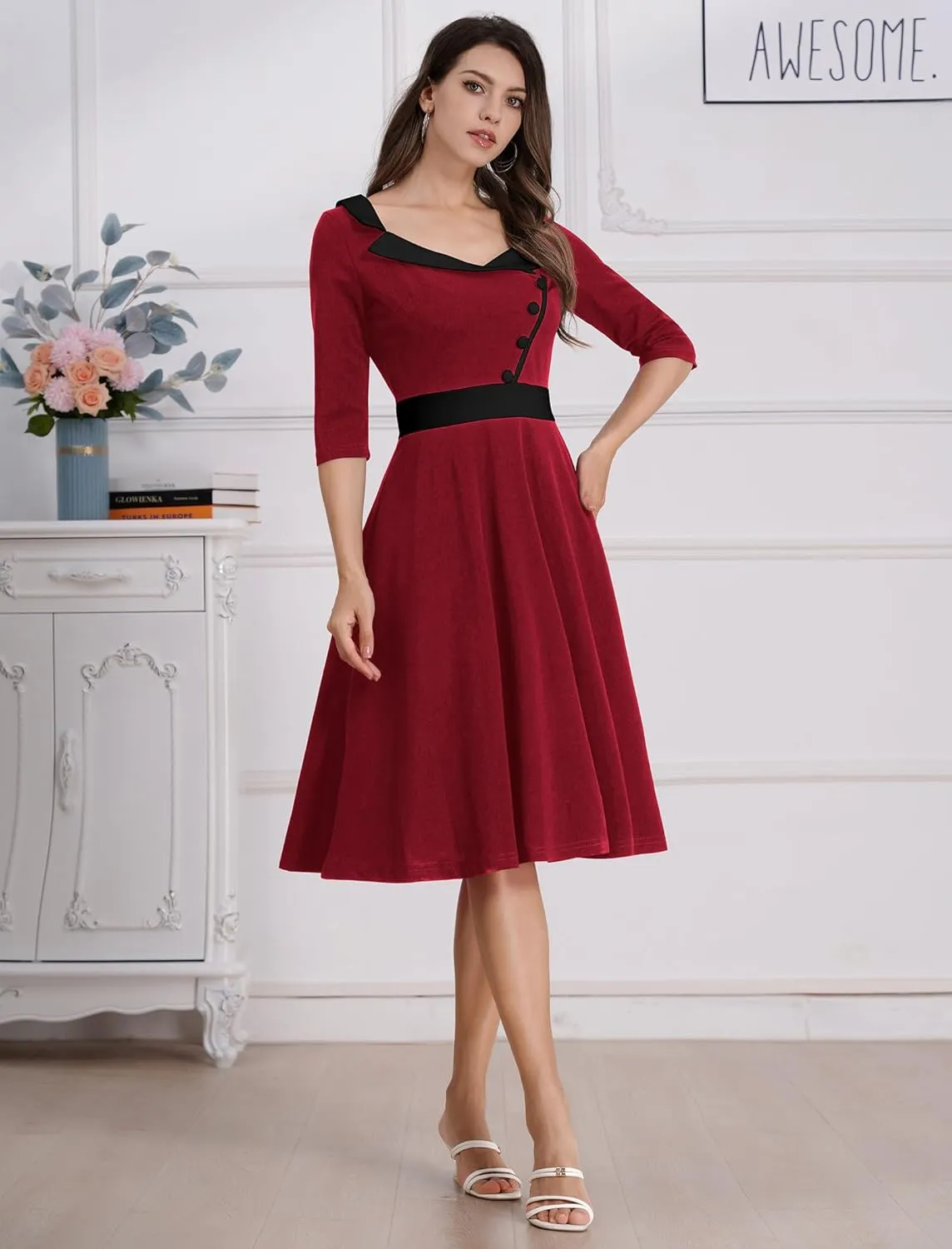 3/4 Sleeve 40s 50s Dresses for Women Vintage 1950s Cocktail Dress Square Neck Retro Rockabilly Swing 50's Style Dress