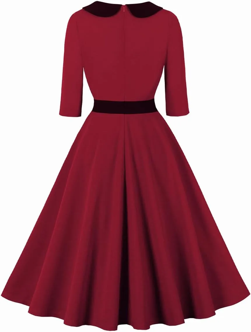 3/4 Sleeve 40s 50s Dresses for Women Vintage 1950s Cocktail Dress Square Neck Retro Rockabilly Swing 50's Style Dress