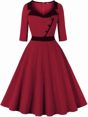 3/4 Sleeve 40s 50s Dresses for Women Vintage 1950s Cocktail Dress Square Neck Retro Rockabilly Swing 50's Style Dress
