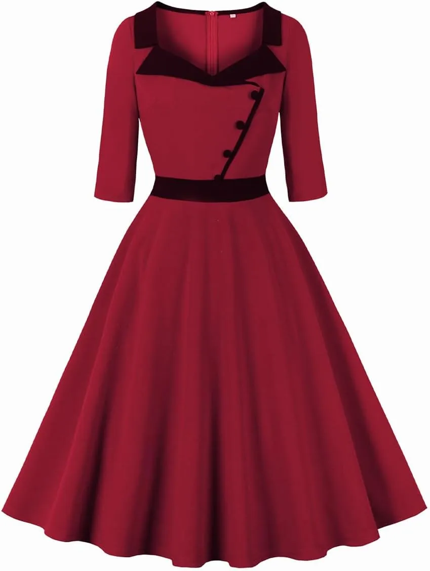 3/4 Sleeve 40s 50s Dresses for Women Vintage 1950s Cocktail Dress Square Neck Retro Rockabilly Swing 50's Style Dress