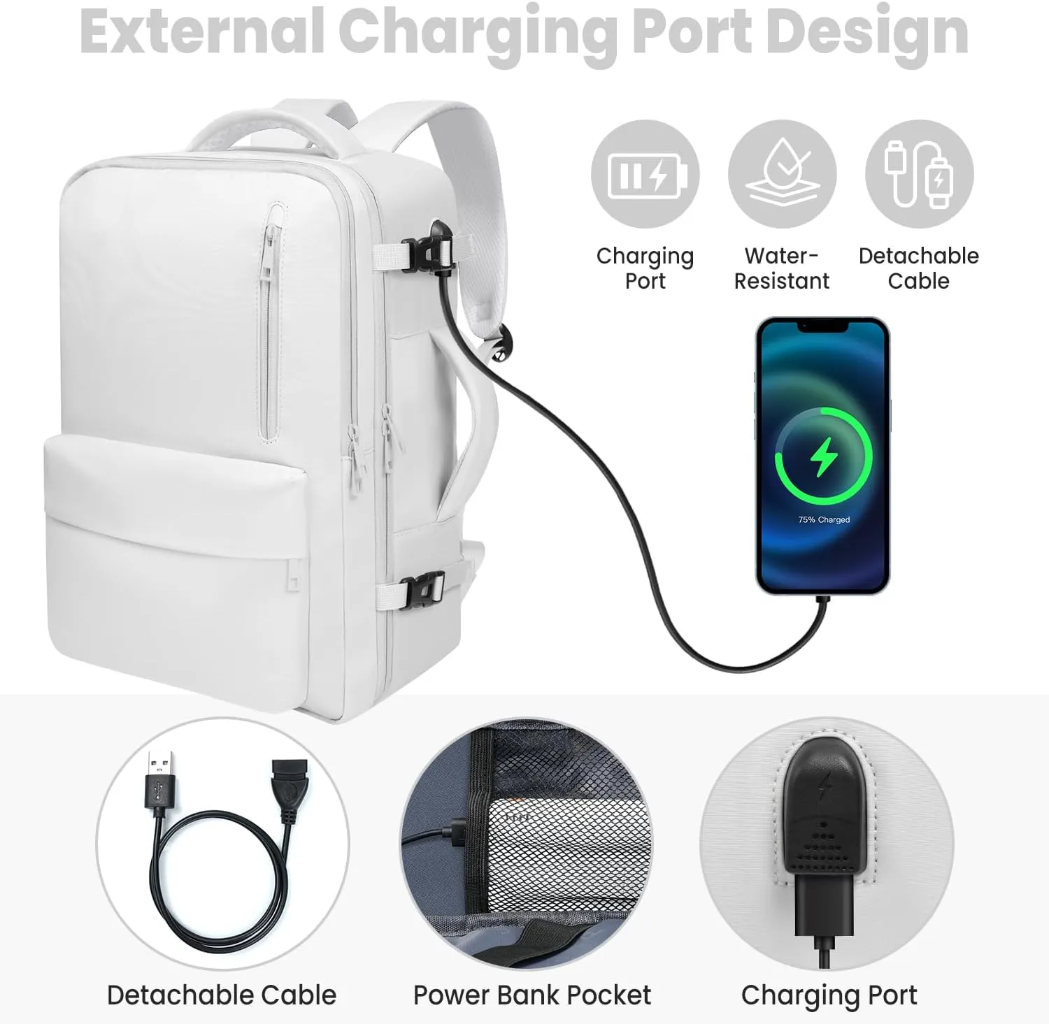 35L Travel Backpack | 180° All-Open Design | Multi-Pockets | Airline Approved Carry on |15.6 inch Laptop Compartment | USB Port |Perfect for Travel Business College Bookbags | For Men Women , White