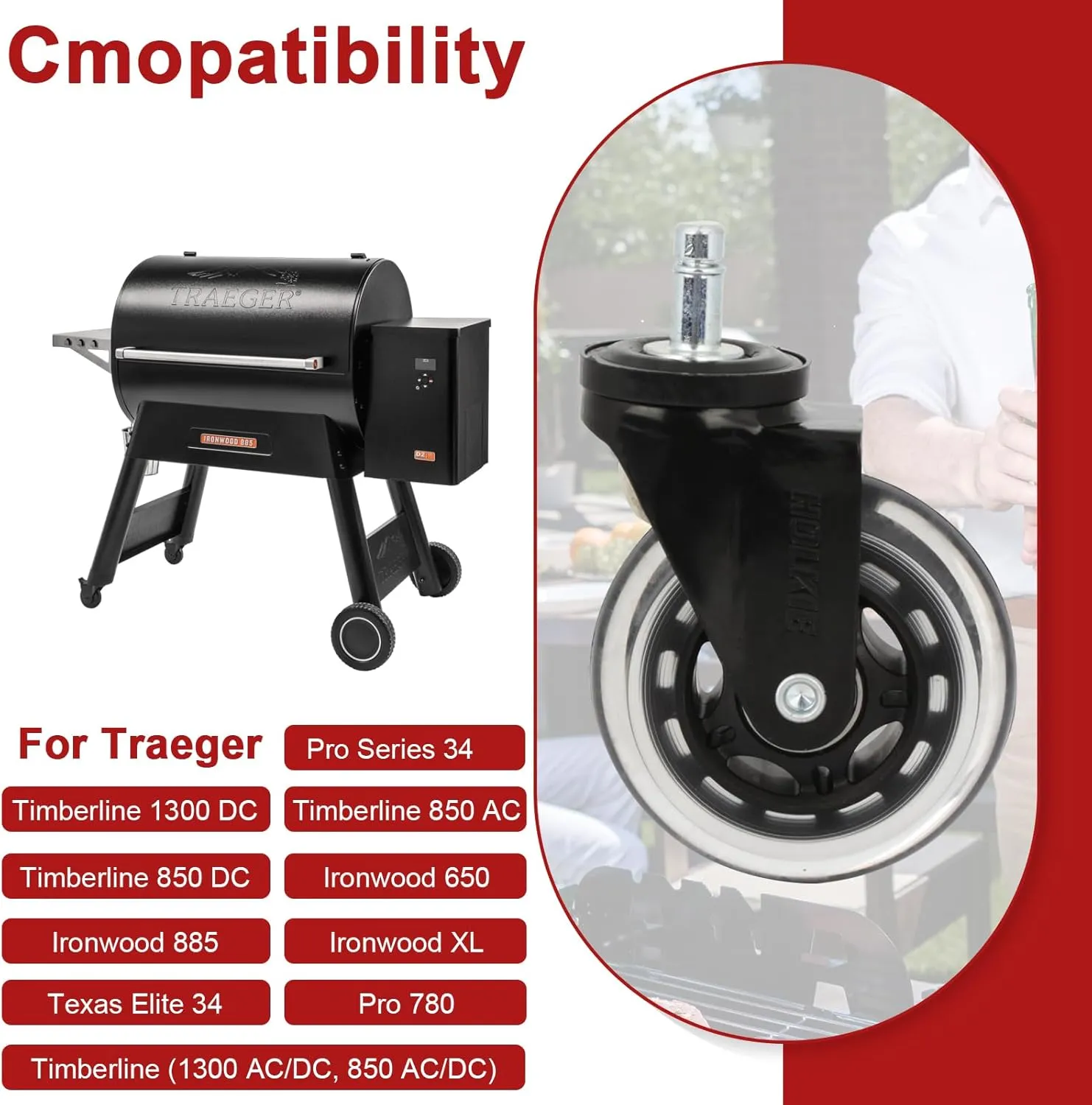 3" Caster Wheel for Traeger Pellet Grills, HDW302 Wheels for Timberline 850 Timberline 1300 Ironwood 650 Ironwood 885 Ironwood XL Texas Elite 34 Pro 780 Pro Series 34
