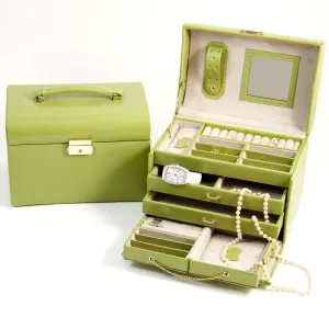 4 Level Hinged Lime Leather Jewelry Box With Mirror