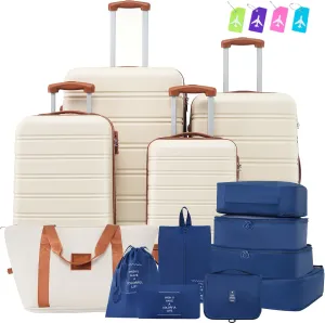 4-Piece Hardshell Luggage Set with Expandable Spinner Wheels, Lightweight and Durable Suits, Brown and White