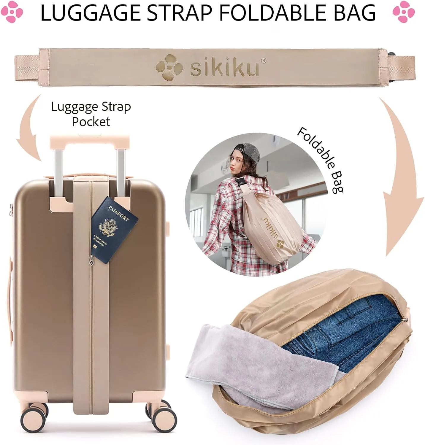 4-Piece Lightweight Luggage Sets for Women, Hardshell Spinner Suitcase with TSA Lock, Expandable Duffel Bag, Luggage Strap, and Leather Tag（Pink, 20inch)