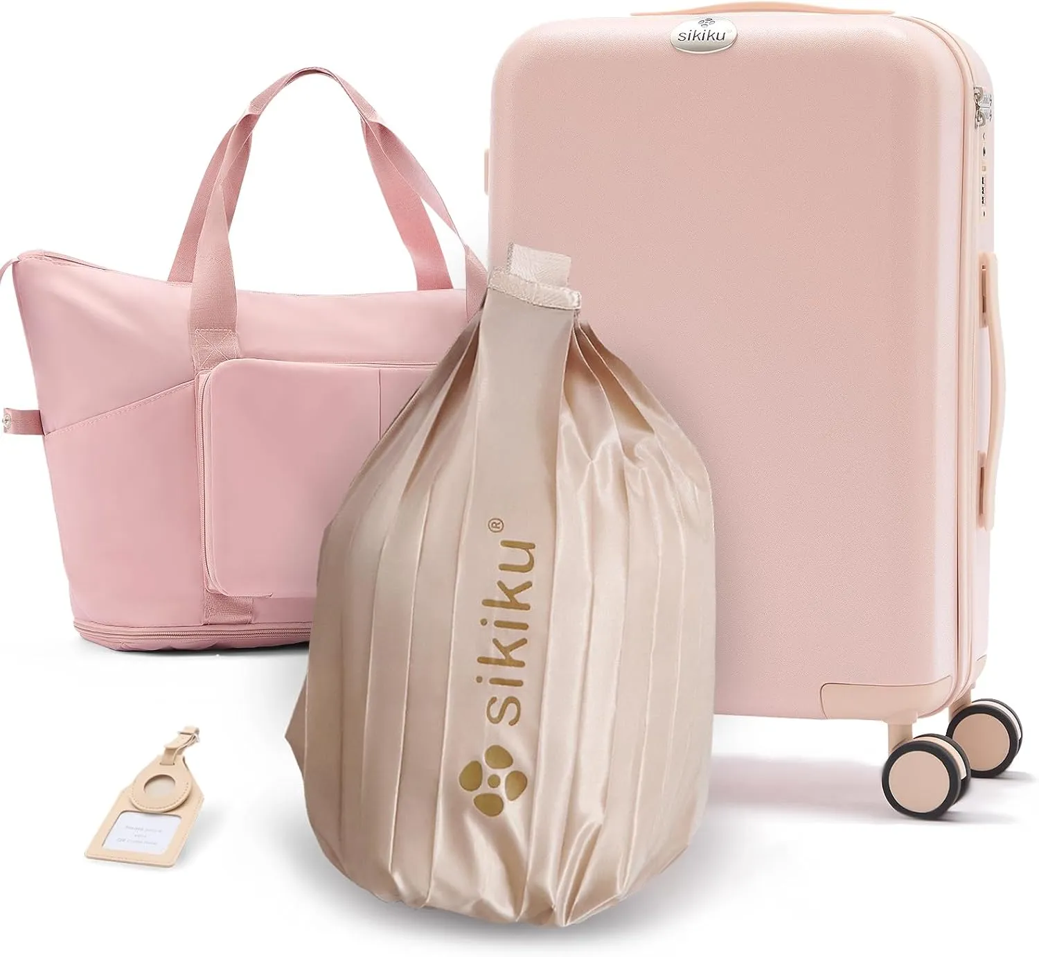 4-Piece Lightweight Luggage Sets for Women, Hardshell Spinner Suitcase with TSA Lock, Expandable Duffel Bag, Luggage Strap, and Leather Tag（Pink, 20inch)