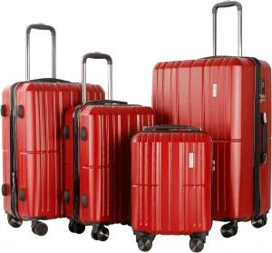 4 Piece Luggage Set ABS PC Expandable Hardshell TSA Lock Aluminum Trolley Spinner Wheels (Wine Red, 4 Piece Set)
