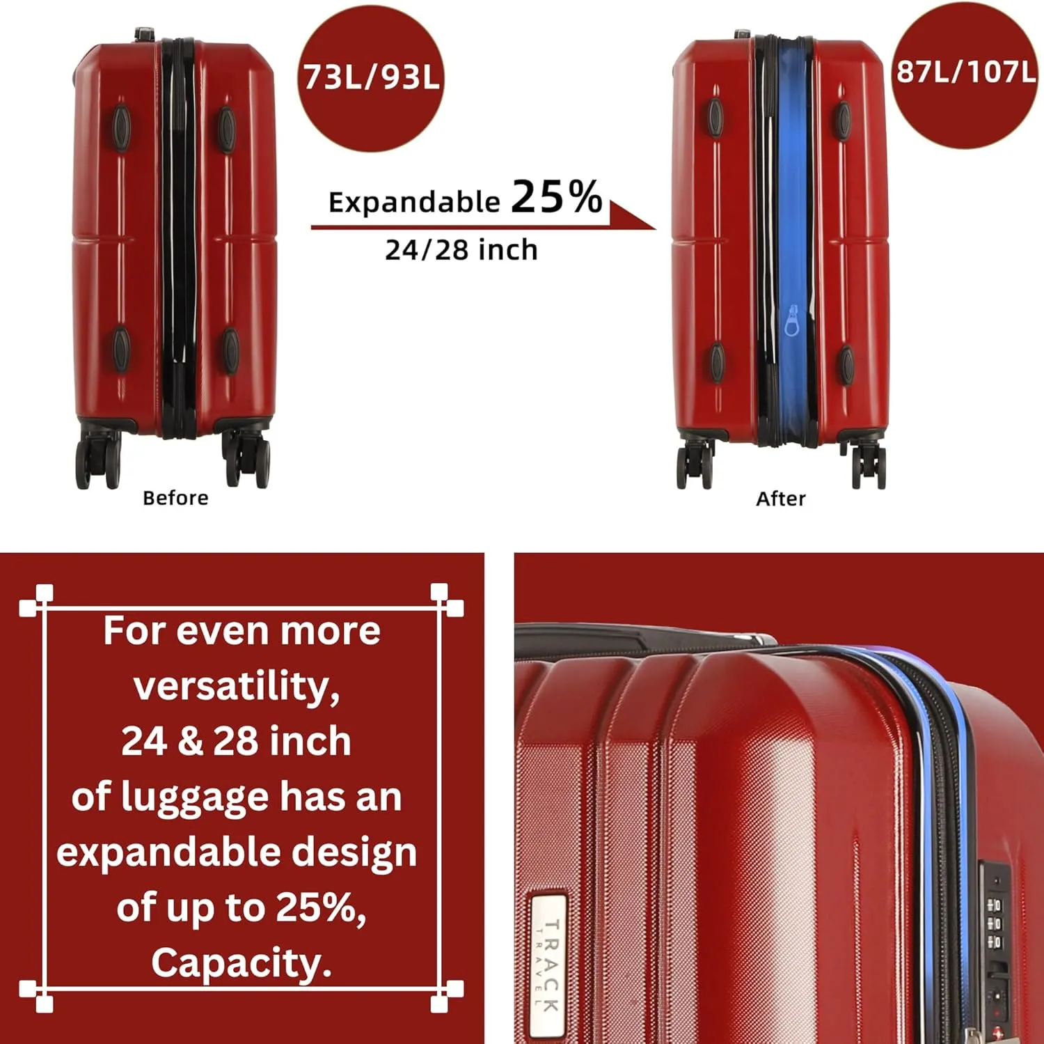 4 Piece Luggage Set ABS PC Expandable Hardshell TSA Lock Aluminum Trolley Spinner Wheels (Wine Red, 4 Piece Set)
