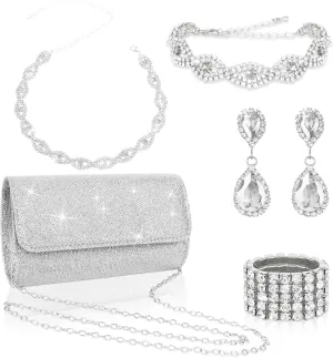 5 Pieces Clutch Purse Rhinestone Jewelry Sets for Women Prom Necklace Earrings Bracelet Ring Bling Glitter Purse Formal Jewelry for Women Evening Wear