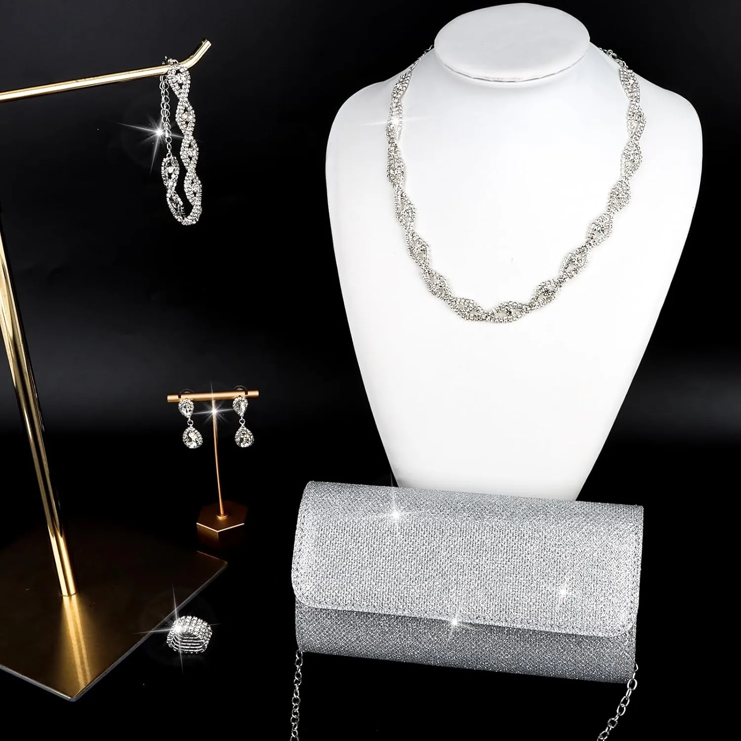 5 Pieces Clutch Purse Rhinestone Jewelry Sets for Women Prom Necklace Earrings Bracelet Ring Bling Glitter Purse Formal Jewelry for Women Evening Wear