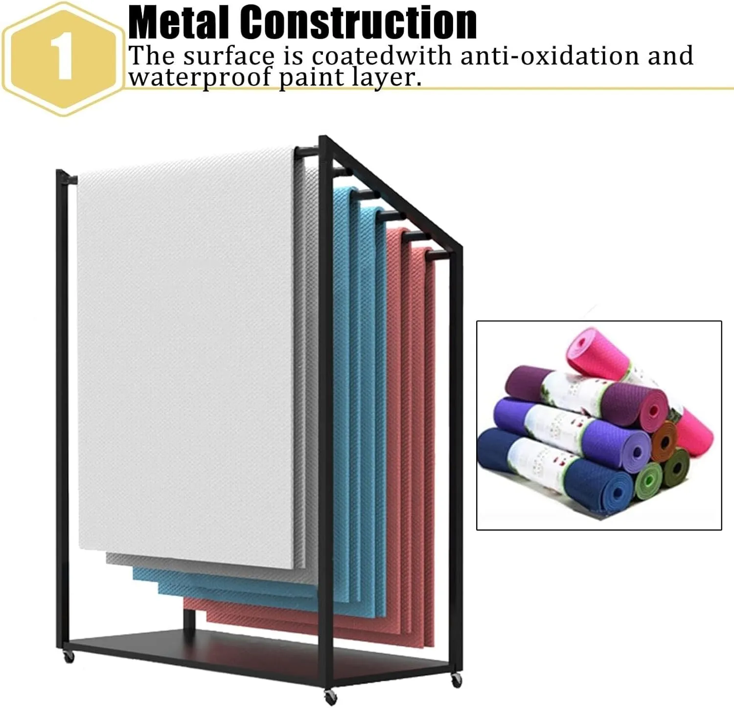 5 Tier Yoga Mat Storage Rack, Black Floor Stand Organizer Cart, Holds 10 Mats, Home & Gym Use, 100x37x120cm, Lockable Wheels for Easy Mobility(100x37x150cm)