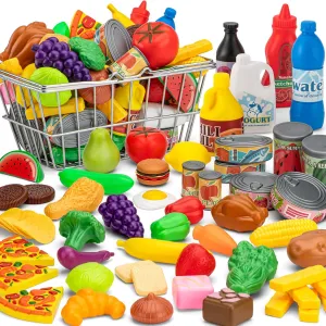 55 Pcs Grocery Store Pretend Play Food Set with Shopping Basket for Kids Toddlers 1-3 4-8, Kids Play Kitchen Accessories Plastic Fake Food Fruits and Vegetables Can Toy Gifts for Boys Girls